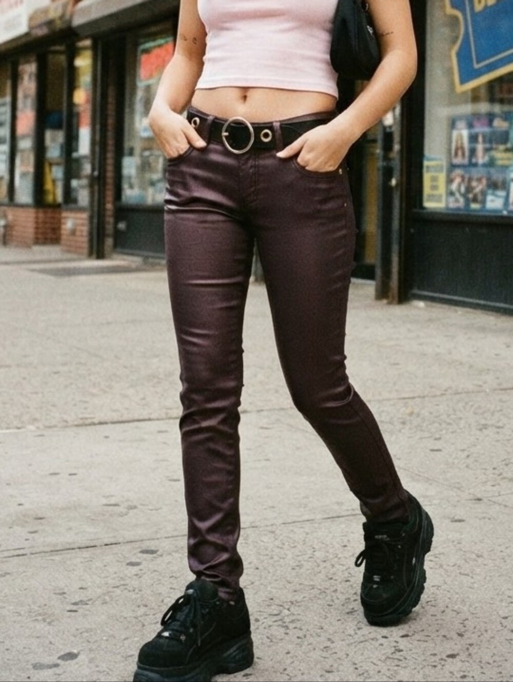 Caché Burgundy Metallic Coated Skinny Jeans Size 4 Y2K